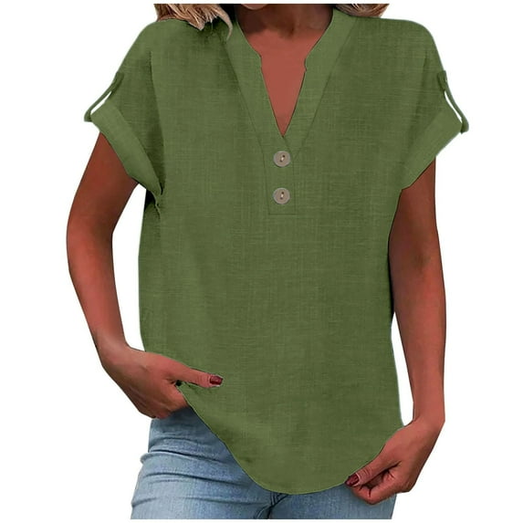 Green Women's Short Sleeve T-shirt, Women'S Fashion Casual V Neck Button Down Short Sleeve Top T Shirt,Women's Short sleeve T-shirt M