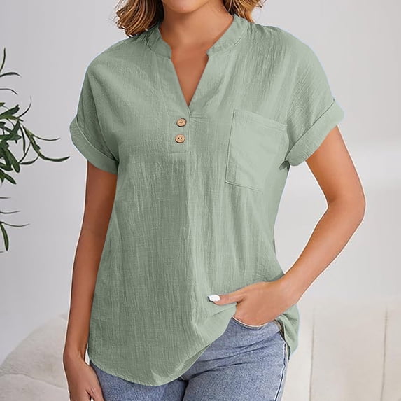 Green Women's Short Sleeve T-shirt, Women'S Fashion Casual V Neck Button Down Short Sleeve Top T Shirt XXL