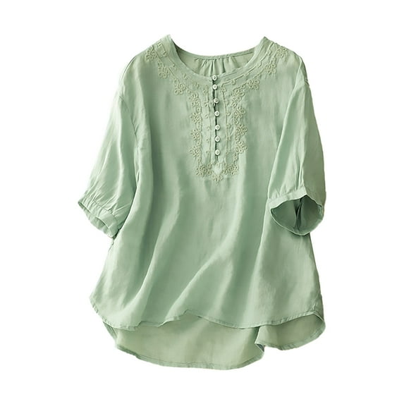 Green Women's Short Sleeve T-shirt, Women'S Vintage Cotton Linen Round Neck Embroidery Loose Mid Sleeve T Shirt Top,Women's Short sleeve T-shirt L