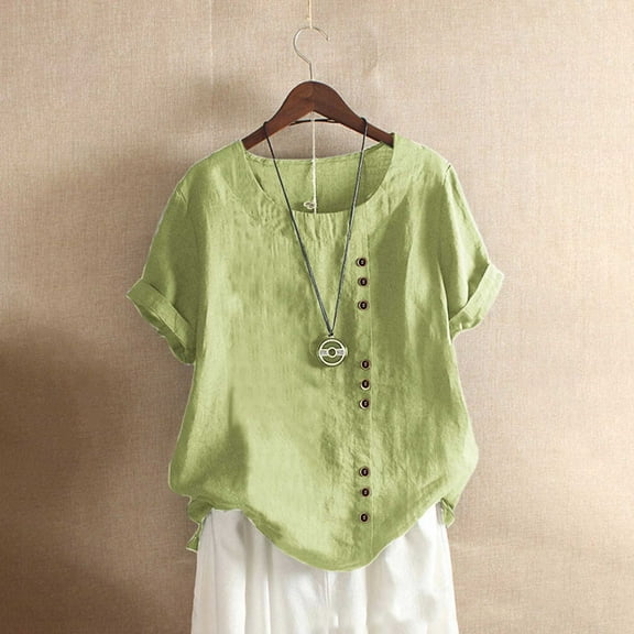 Green Women's Short Sleeve T-shirt, Womens Casual Loose Linen Plus Size Daily Boho Tanic T Shirt Blouse Tops,Women's Short sleeve T-shirt XXL