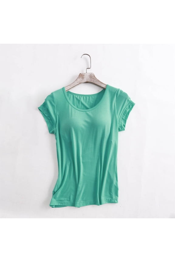 Green Women's Short Sleeve T-shirt, Yoga Gym Tops Workout Tank Tops Strap Padded Undershirts Cotton Camisole Vest Top Seamless Sleeping Vest Bra Top,Women's Short sleeve T-shirt L