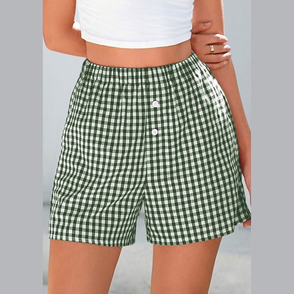 Green Women's Shorts, Women'S Shorts Cute Soft Elastic Waist Plaid Print Front Pajama Bottoms Shorts Sleepwear,Women's Shorts XL