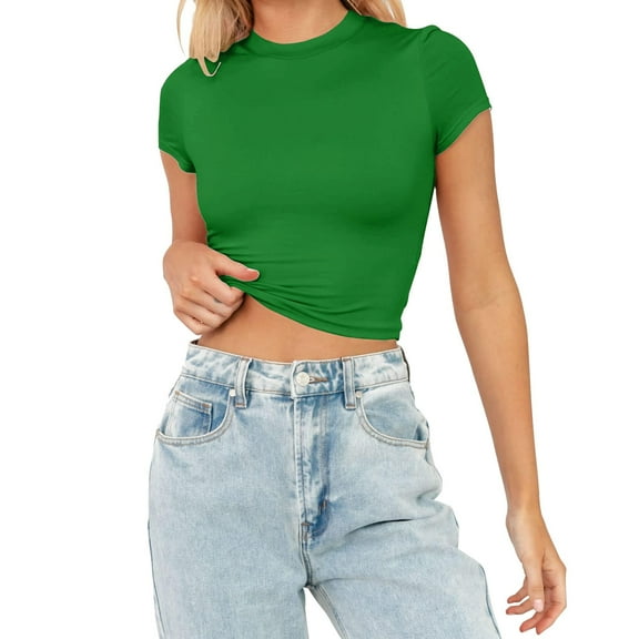 Green Women's Spring Summer Tops 2024, Cotton Women's Novelty T-Shirts, Lightweight Button Down Shirt Women, Womens Fashion Summer Short Sleeve Cute Crop Tops Casual Basic Crewneck Slim Fit T Shirts