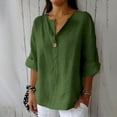 thumbnail image 1 of Green Womens Blouses Linen Shirts for Women Summer Cotton Linen V Neck 3/4 Sleeve Tops Loose Vacation Beach Solid Blouses Tunic Tops Ladies Tops and Blouses, 1 of 5