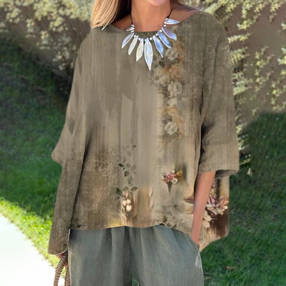 Green Womens Blouses Linen Women Round Neck 3/4 Sleeve Loose Shirt Casual Loose Autumn Women T Shirt Top Summer Ladies Tops and Blouses