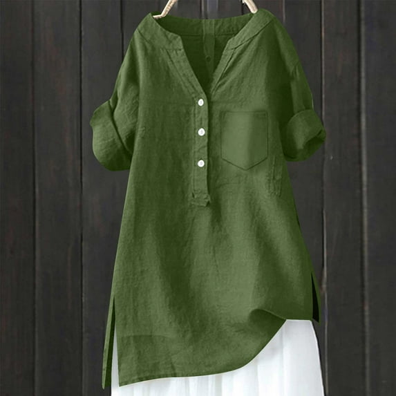 Green Womens Blouses Loose Button Shirt Top Stand Solid Color Sleeve Collar Casual Women's Shirt Women's Shirt Ladies Tops and Blouses