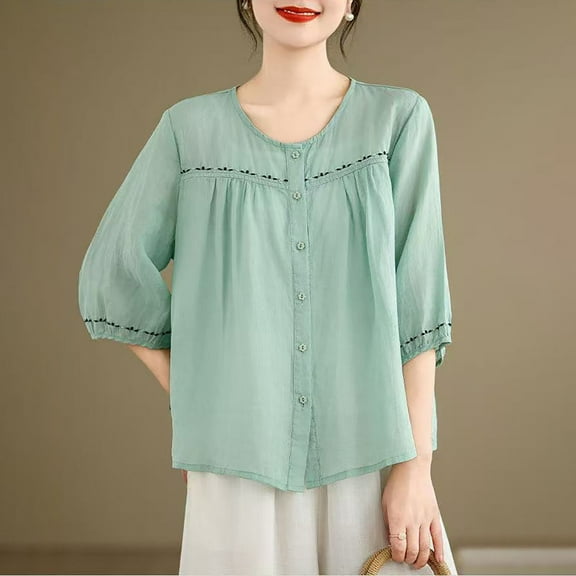Green Womens Blouses Stand Collar Patchwork Long Sleeve Ruffled Shirt Solid Color Loose Cardigan with Single Breasted Buttons Summer Tops for Women