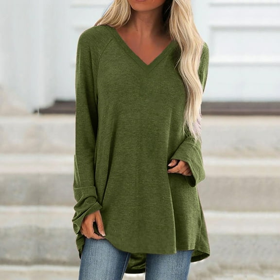 Green Womens Blouses Women Fashion Plus Size V Neck Long Sleeved T Shirt Blouse Tops Features: Ladies Tops and Blouses