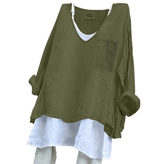Green Womens Blouses Women'S Solid Color Loose Plus Size Long Cotton Texture Dress Shirt Ladies Tops and Blouses