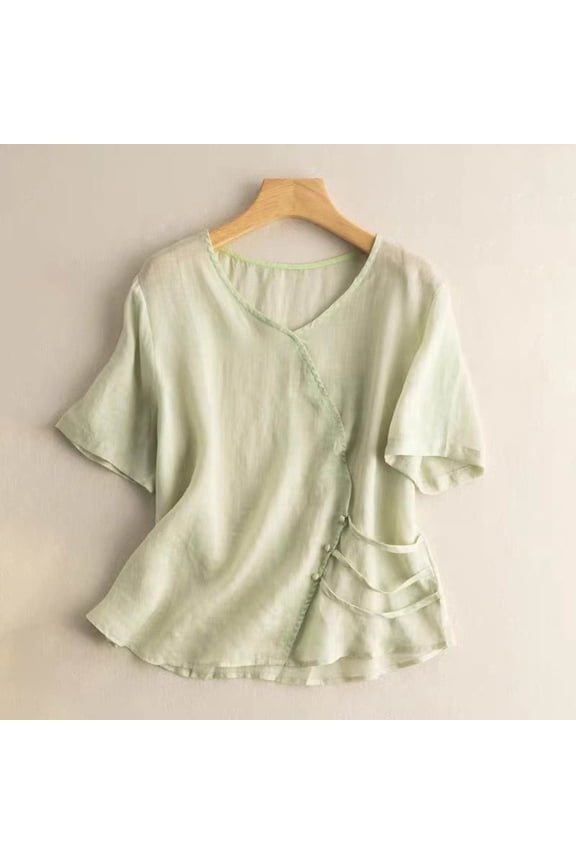 Green Womens Blouses Women's 2025 Summer Retro Plate Button Embroidered Shirt New Chinese Loose Tilt Tea Clothes Top Short Sleeved T Shirt Ladies Tops and Blouses