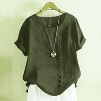 Green Womens Blouses Women's Cotton Linen Shirts Summer Casual Boho Floral Short Sleeve Blouse Oversized Loose Ladies Tunic Tops Ladies Tops and Blouses