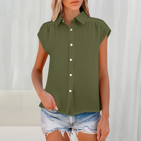 Green Womens Blouses Women's Elastic Cuffs Cotton Linen Button Up Shirt for Daily Casual Commuting Ladies Tops and Blouses