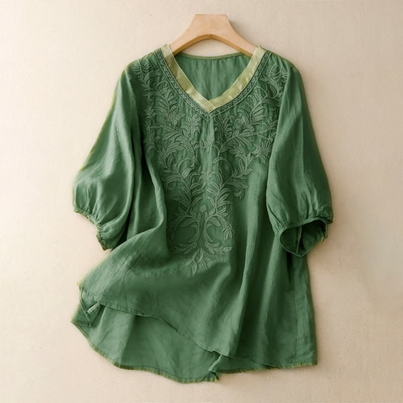 Green Womens Blouses Women's Embroidered Blouse Cotton Linen Puff Short Sleeve Crew Neck Boho Top Summer Casual Loose Fit T Shirts Ladies Tops and Blouses