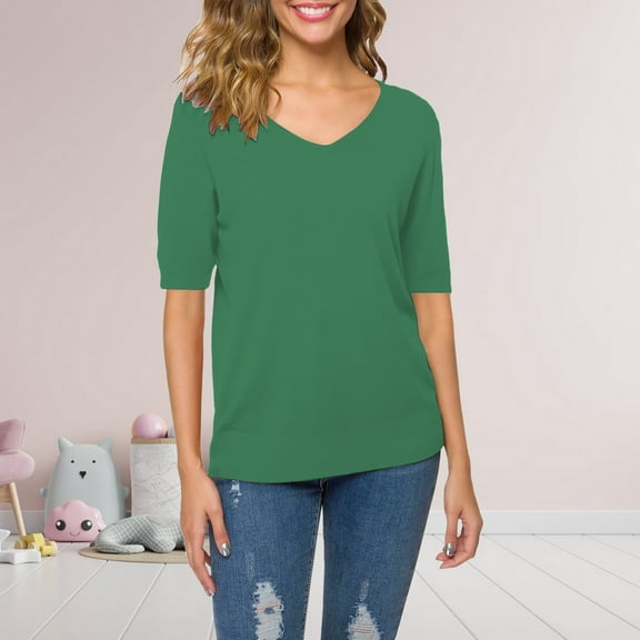 Green Womens Blouses Women's Short Sleeves Sweaters V Neck Soft Pullover Top Ladies Tops and Blouses