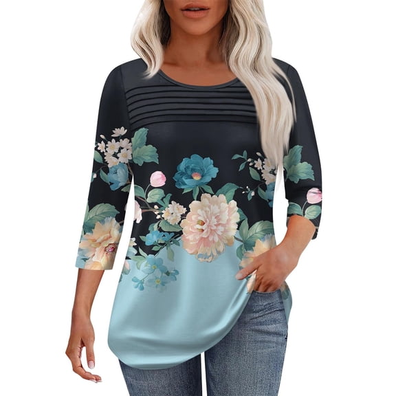 Green Womens Blouses Womens 3/4 Length Sleeve Tops Casual Summer Pleated Front T Shirts Round Neck Business Work Tunic Blouses Ladies Tops and Blouses