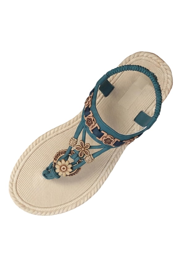 Green Womens Bohemian Flat Sandals Green Round Toe Thong Casual Summer Beach Slides