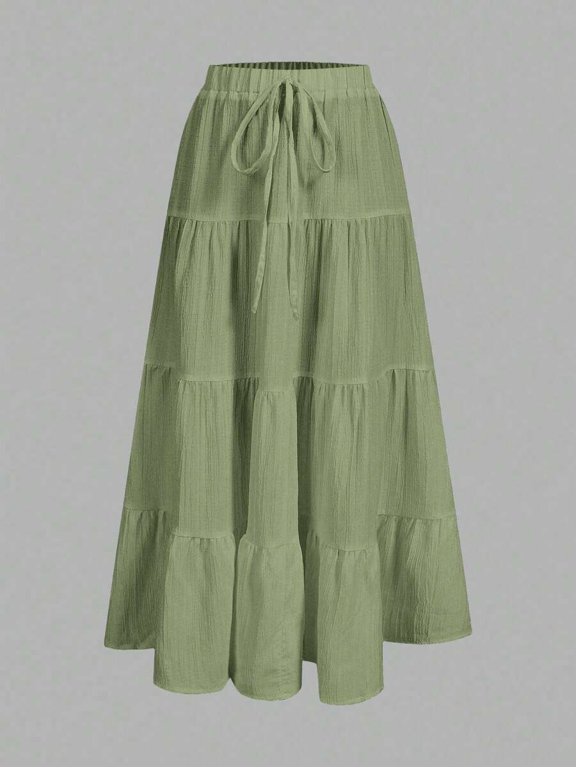 Green Womens Casual Tiered Cake Hem Skirt With Drawstring Waist Flowing Maxi Skirt Summer Style