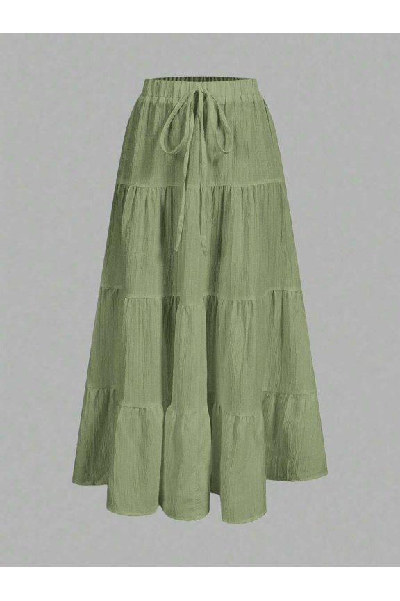 Green Womens Casual Tiered Cake Hem Skirt With Drawstring Waist Flowing Maxi Skirt Summer Style