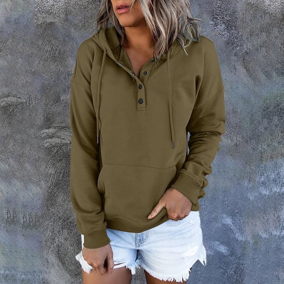 Green Womens Fall Tops Long Casual Down for Womens Pocket Hooded Sweatshirts Pullover Sleeve Button V Drawstring Hoodies Neck Women's Hoodies & Sweatshirts Sweaters for Women