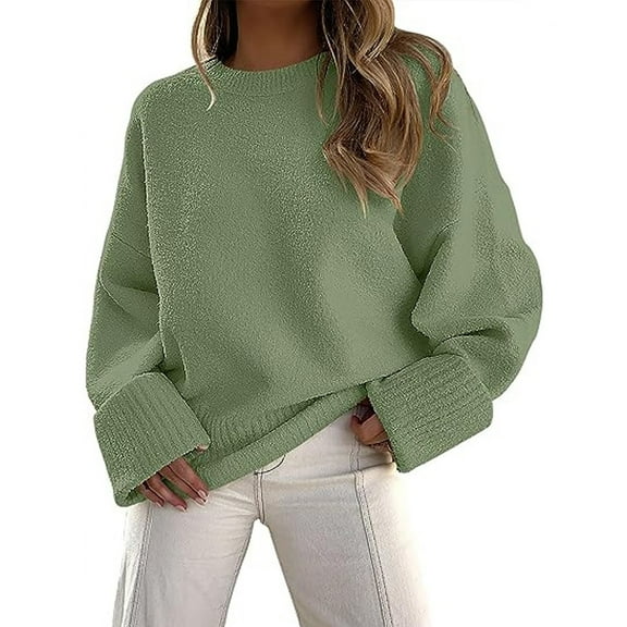 Green Womens Fall Tops Oversized Sweaters for Women Crewneck Long Sleeve Fuzzy Knit Warm Pullover Sweaters for Women