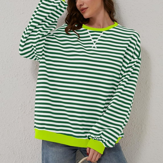 Green Womens Fall Tops Women Oversized Striped Color Block Long Sleeve Crew Neck Sweatshirt Casual Loose Pullover Shirt Top Sweaters for Women