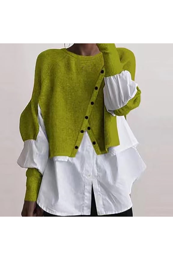 Green Womens Fall Tops Women's Autumn and Winter New Layered Pullover Spliced Two Piece Knitted Sweater Shirt Sweaters for Women