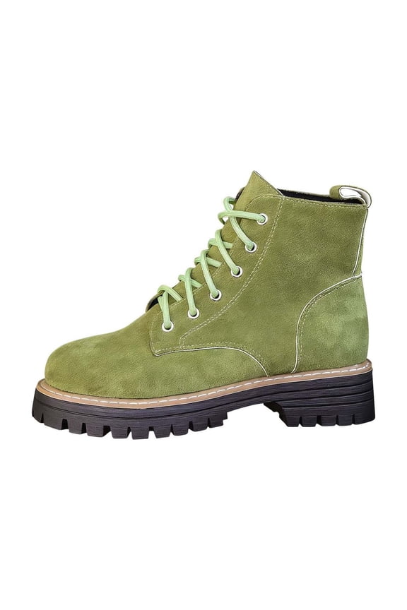 Green Womens Fashionable Winter Booties Lace-Up Round Toe Thick Heel Low Heel Short Versatile Ankle