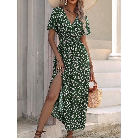 Green Womens Floral Print V-Neck Wrap Midi Dress With Slit