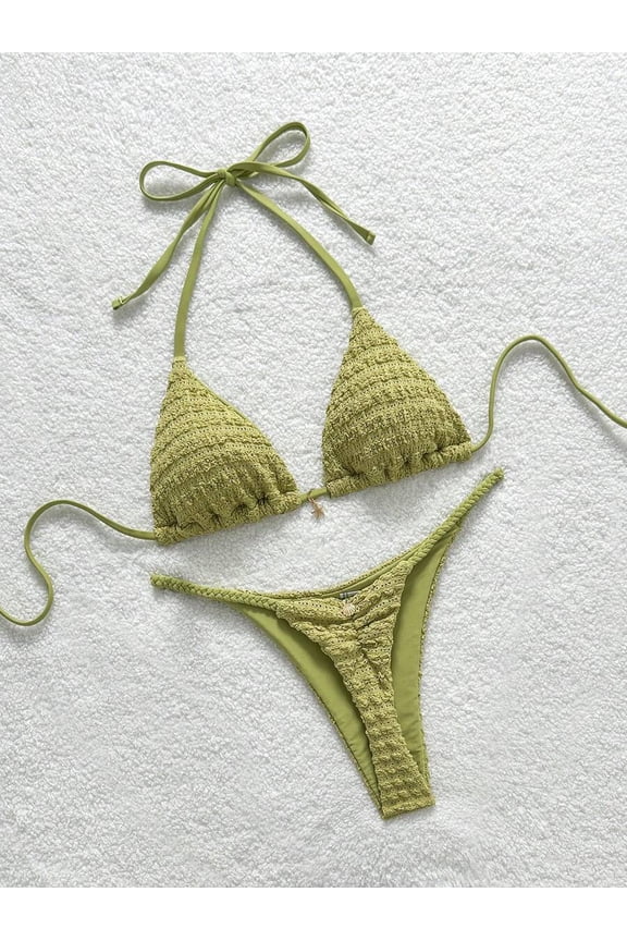 Green Womens Halter Tie-Front Crochet Bikini Set With Shell Charm For Beach Vacation