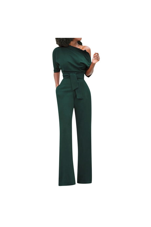 Green Womens Jumpsuits Women's Solid Off Shoulder Short Sleeve with Belt Slim Jumpsuit Overalls for Women