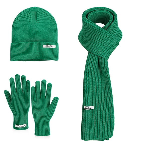 Green Womens Knitted Woolen Hat Scarf Gloves Three Piece Set Winter Outdoor Warm Ear Protection Green Head Size 21.65 To 23.62 Inches Acrylic Material