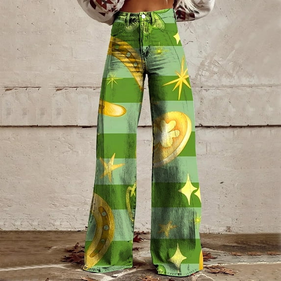 Green Womens Pants Wide Leg Pants Woman High Waist Floral Patterned Pants Lightweight Loose Fit Casual Colorful Trouser Imitation Jeans