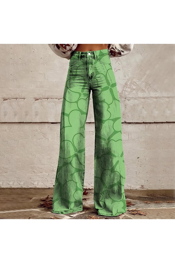 Green Womens Pants Wide Leg Pants Woman High Waist Floral Patterned Pants Lightweight Loose Fit Casual Colorful Trouser Imitation Jeans