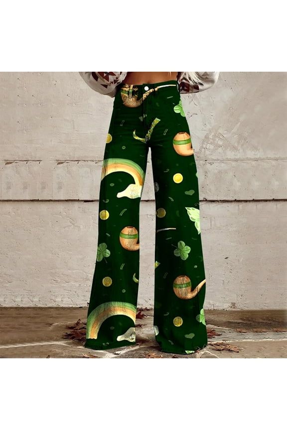 Green Womens Pants Wide Leg Pants Woman High Waist Floral Patterned Pants Lightweight Loose Fit Casual Colorful Trouser Imitation Jeans