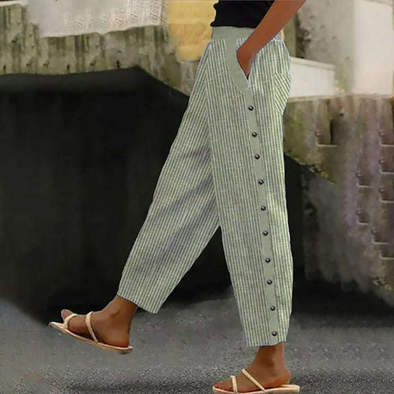 Green Womens Pants Women's Solid Color Striped Buttoned Cropped Trousers Sweatpants Womens Fashion