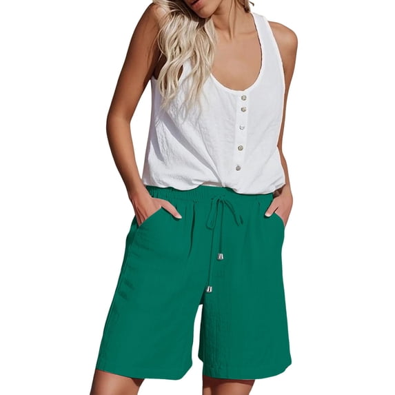 Green Womens Pants Womens Casual Solid Side Pockets Pants Shorts Elastic Waist Pockets Daily Mid Long Shorts Casual Pants Women