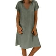 Hunpta Green Linen Dress for Women, Short Sleeve Boho Tshirt Dress