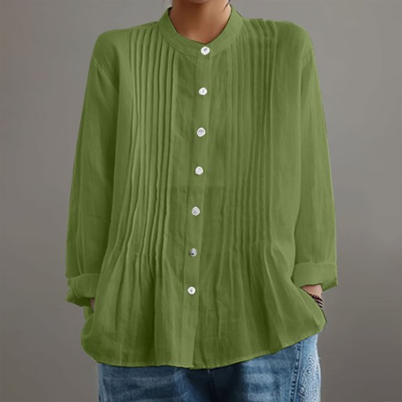 Green Womens Summer Tops Women’s Pleated Shirt with Retro Front Pleats – Soft Linen Like Fabric Easy Regular Fit Elegant Design Going Out Tops for Women