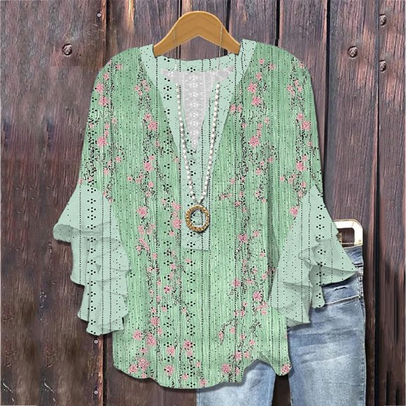 Green Womens Summer Tops Women's V Neck Tie Button Hollow Fabric Ruffled Sleeves Loose Casual Breathable Short Sleeves Shirts for Women