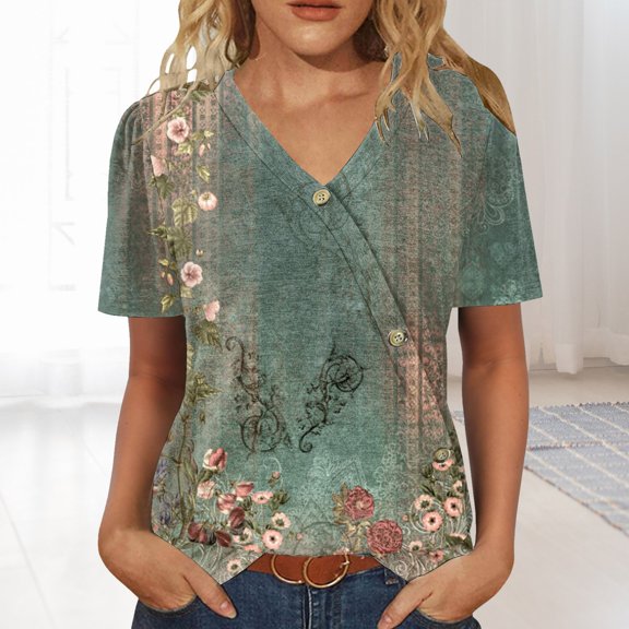 Green Womens Summer Tops Womens Tops Casual Short Sleeve V Neck Shirts Puff Sleeve Tshirts Loose Casual Blouse Summer Tee Going Out Tops for Women