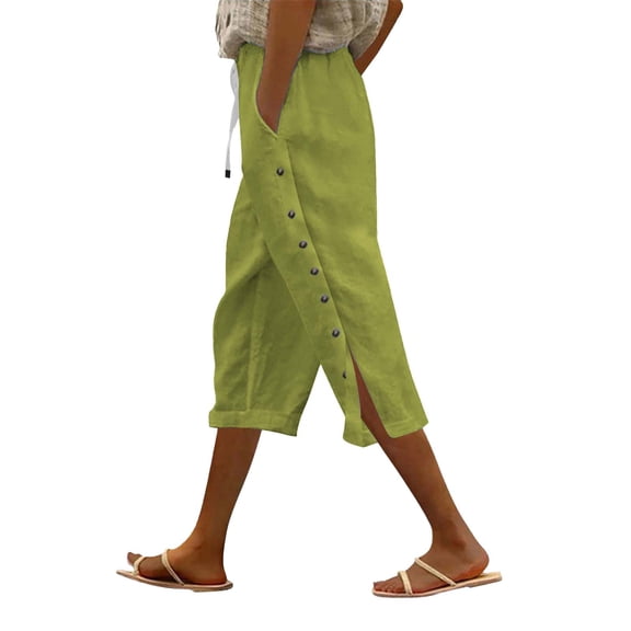 Green Womens Sweatpants Women's Fashion Solid Color Cotton Linen Elastic Seven Pants Beach Casual Pants Linen Casual Pants Women