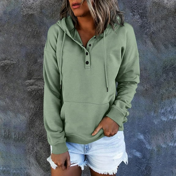 Green Womens Sweatshirt Long Casual Down for Womens Pocket Hooded Sweatshirts Pullover Sleeve Button V Drawstring Hoodies Neck Women's Hoodies & Sweatshirts Fall Clothes for Women