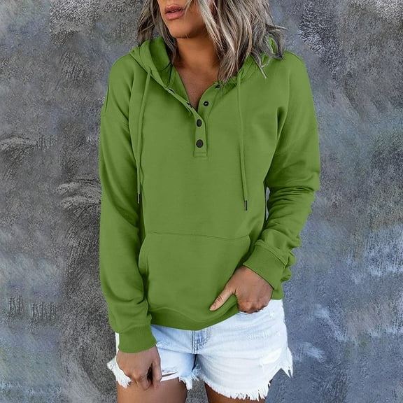 Green Womens Sweatshirt Long Casual Down for Womens Pocket Hooded Sweatshirts Pullover Sleeve Button V Drawstring Hoodies Neck Women's Hoodies & Sweatshirts Fall Clothes for Women