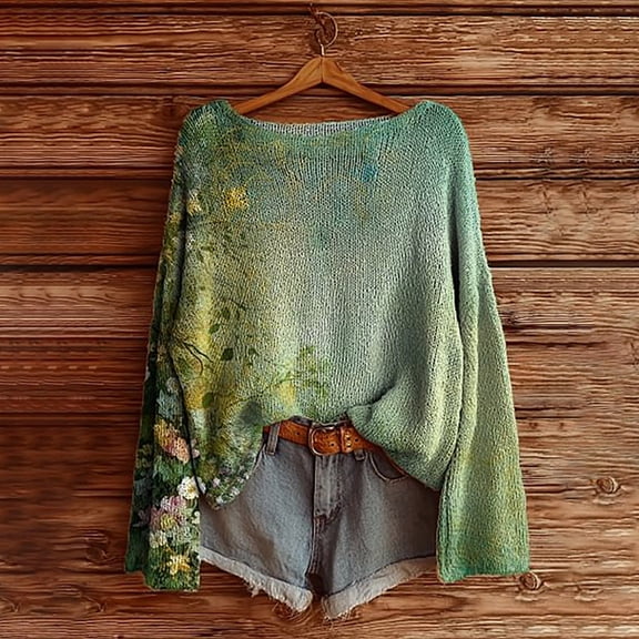 Green Womens Sweatshirt Women's Art Print Casual Pullover Sweater Knitted Pullover Sweater for Women Fashion Long Sleeve Crewneck Blouse Winter Warm Layer Top Fall Clothes for Women