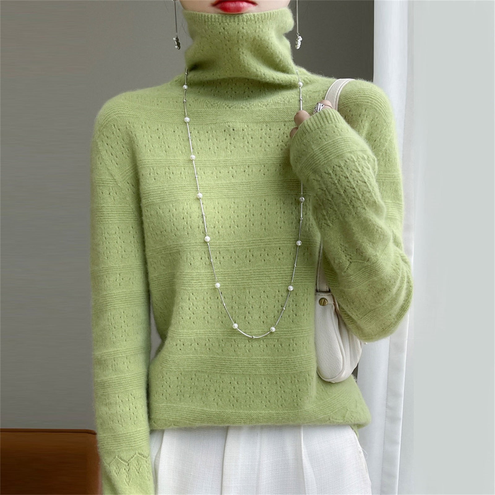 Base Fall Green Womens Sweatshirt Wool Sweater Women Cut Out Jacquard Knit Simple ...