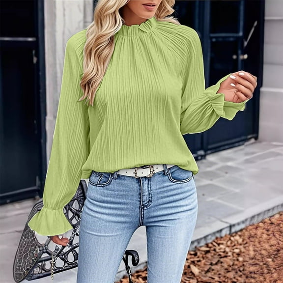 Green Womens Tops 2025 New Solid Color Style Loose Long Sleeved Shirt with Collar Shirts for Women