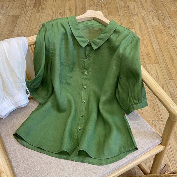 Green Womens Tops 3/4 Sleeve Linen Shirts for Women 2025 Cotton Summer Boho Tops Casual Trendy Vacation Blouse Shirts for Women