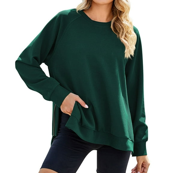 Green Womens Tops Crewneck Sweatshirt for Women Loose Fit Oversized Pullover Side Slit Zipper 2023 Fall Fashion Fall Outfits for Women 2025
