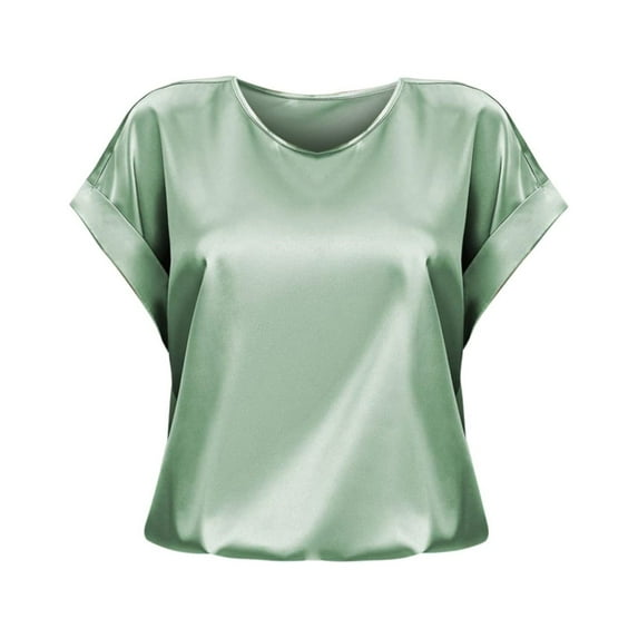 Green Womens Tops Dressy Casual, Short Sleeve Womens Work Blouses, Weekend Polyester Tank Tops for Women, Spring And Summer Women's d Satin Shirt Loose Casual Round Neck T