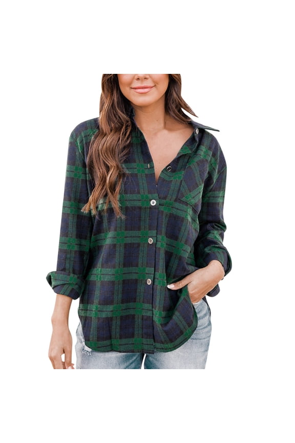 Green Womens Tops Flannel Plaid Light Weight Thin Jacket Shirts Long Sleeve Button Down Chest Pocketed Shirts Coats Shacket Shirts for Women Size M
